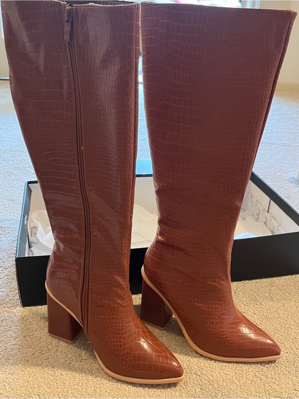 Lulu's Cognac Croc-Embossed Knee-High Block Heel Boots